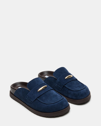 TOBIN Navy Suede Slip-On Mule Women's Flat | Steve Madden Trending