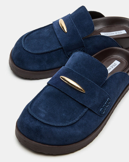TOBIN Navy Suede Slip-On Mule Women's Flat | Steve Madden Trending