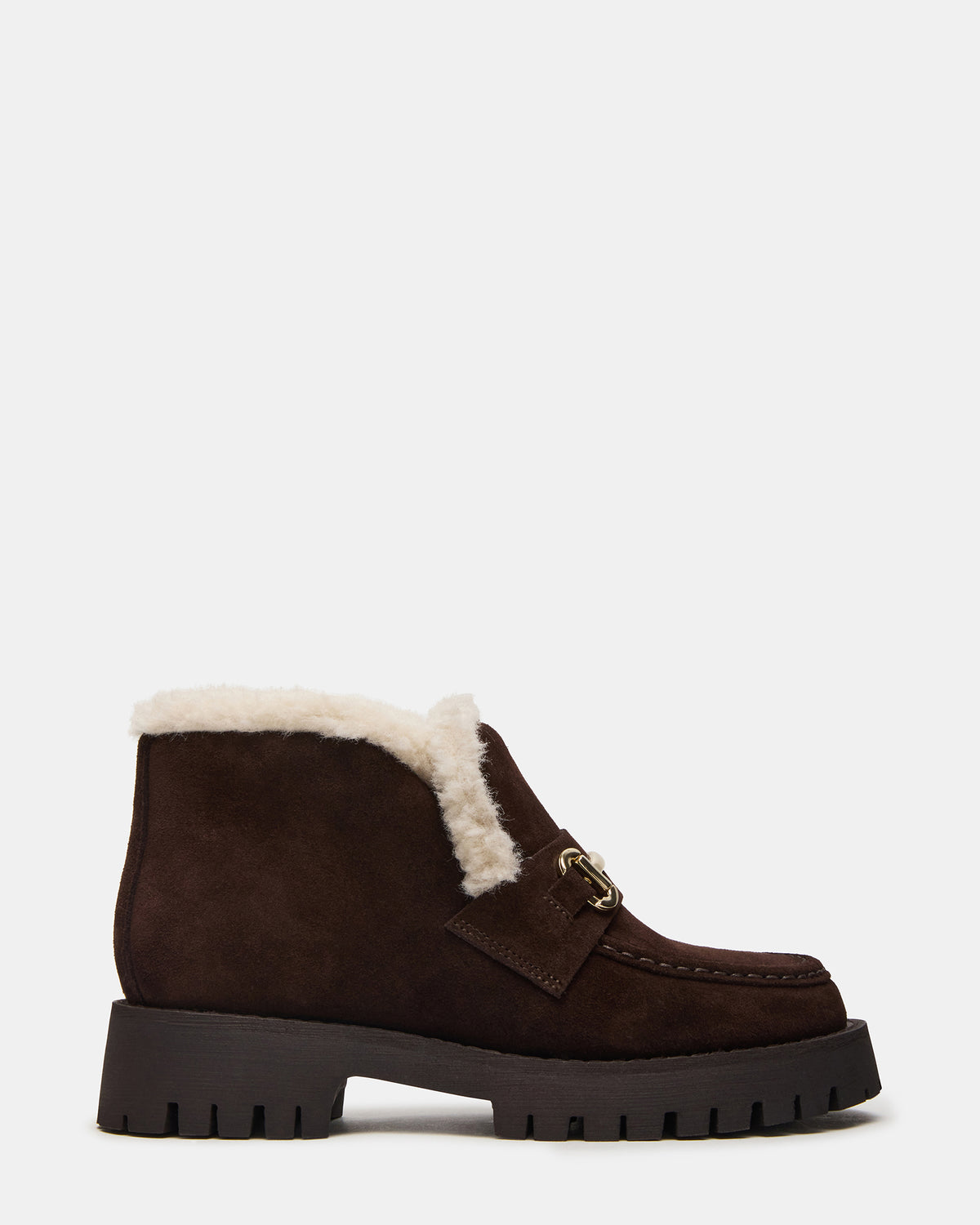 LEON Faux Fur Chocolae Brown Suede Platform Lug Sole Women's Loafer | Steve Madden New