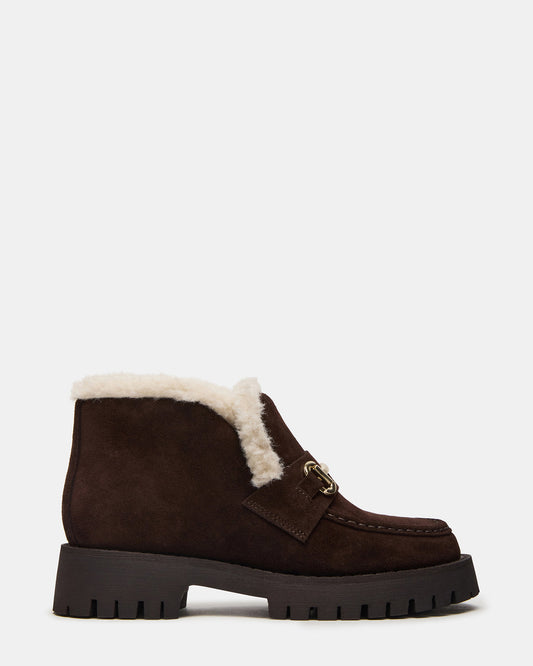 LEON Faux Fur Chocolae Brown Suede Platform Lug Sole Women's Loafer | Steve Madden New
