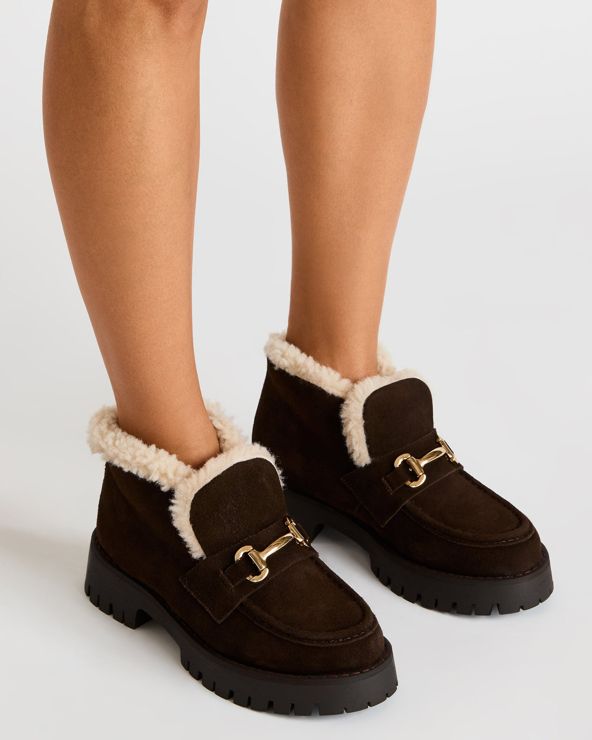 LEON Faux Fur Chocolae Brown Suede Platform Lug Sole Women's Loafer | Steve Madden New