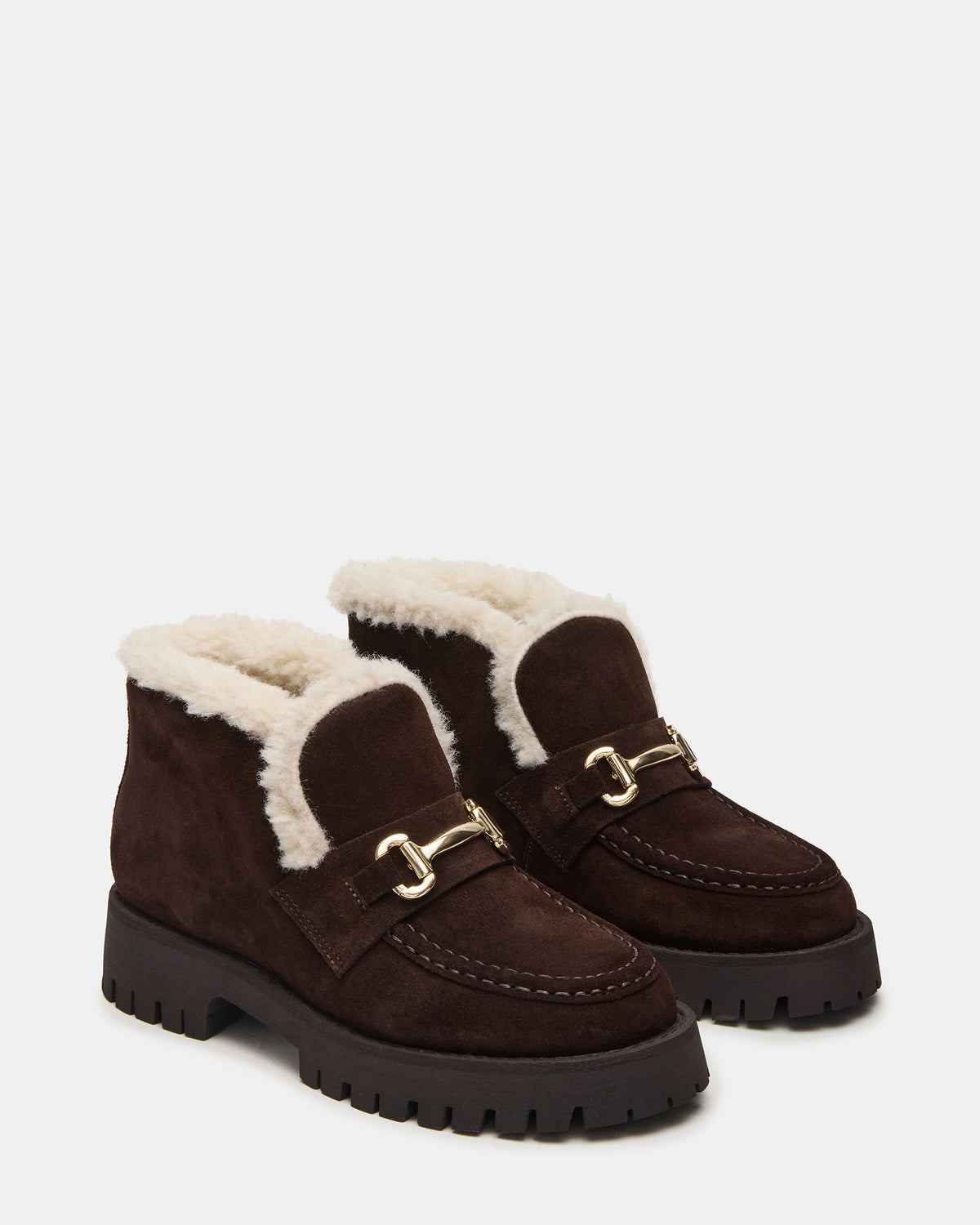 LEON Faux Fur Chocolae Brown Suede Platform Lug Sole Women's Loafer | Steve Madden New