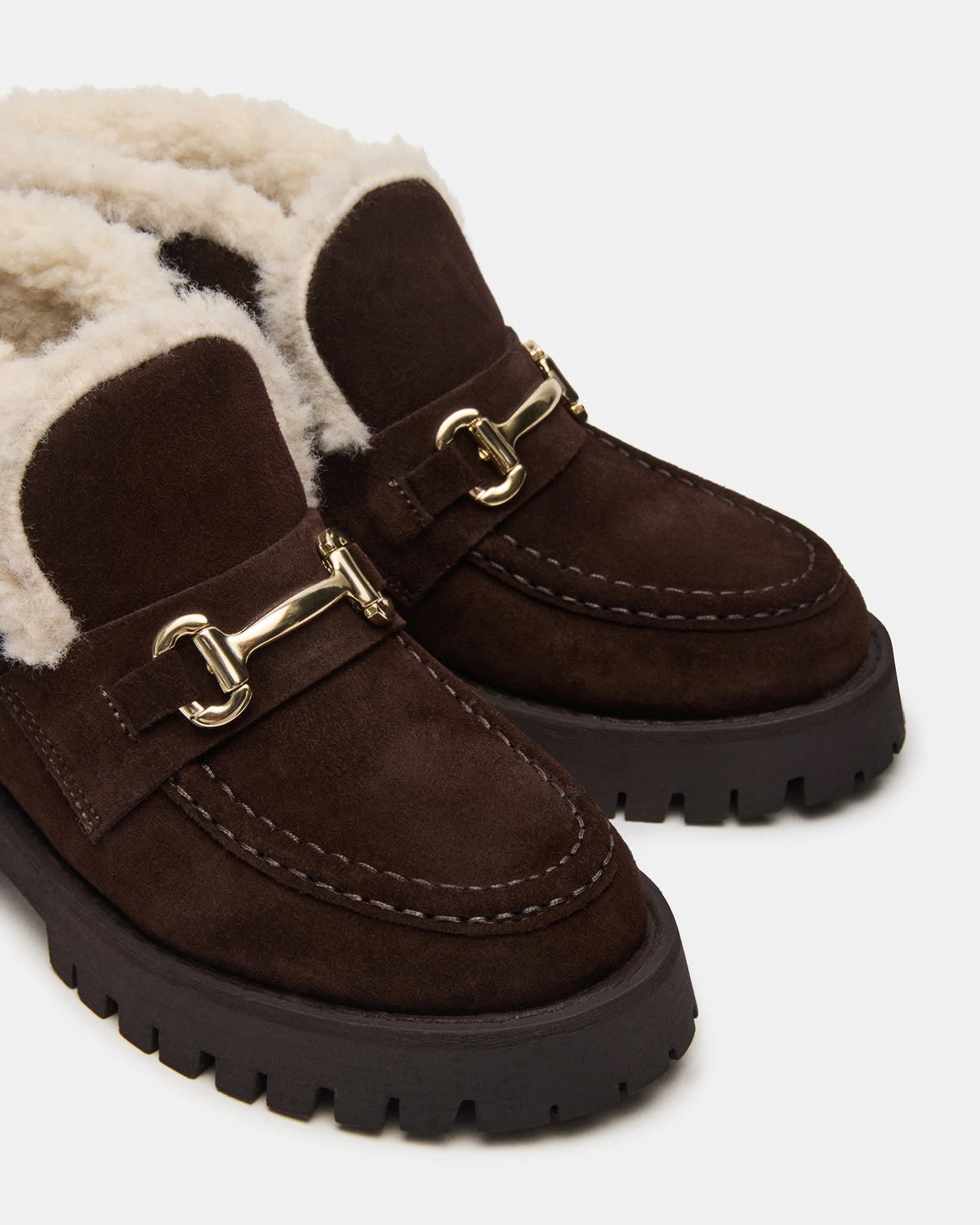 LEON Faux Fur Chocolae Brown Suede Platform Lug Sole Women's Loafer | Steve Madden New