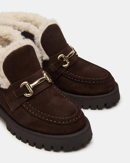 LEON Faux Fur Chocolae Brown Suede Platform Lug Sole Women's Loafer | Steve Madden New