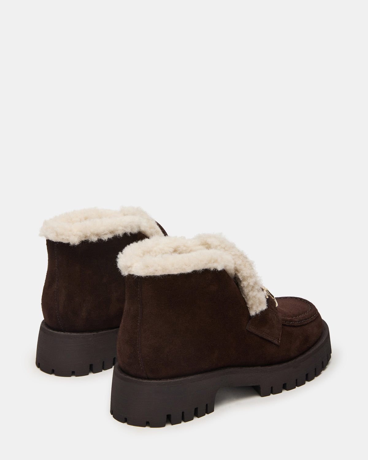 LEON Faux Fur Chocolae Brown Suede Platform Lug Sole Women's Loafer | Steve Madden New