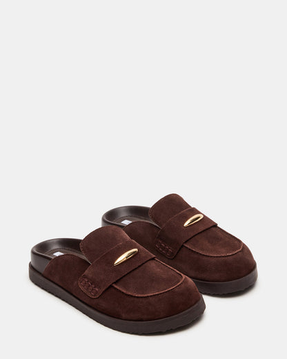 TOBIN Brown Suede Slip-On Mule Women's Flat | Steve Madden Best Seller