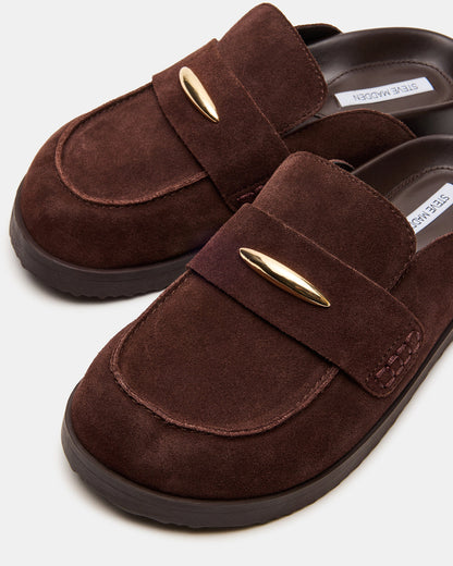 TOBIN Brown Suede Slip-On Mule Women's Flat | Steve Madden Best Seller