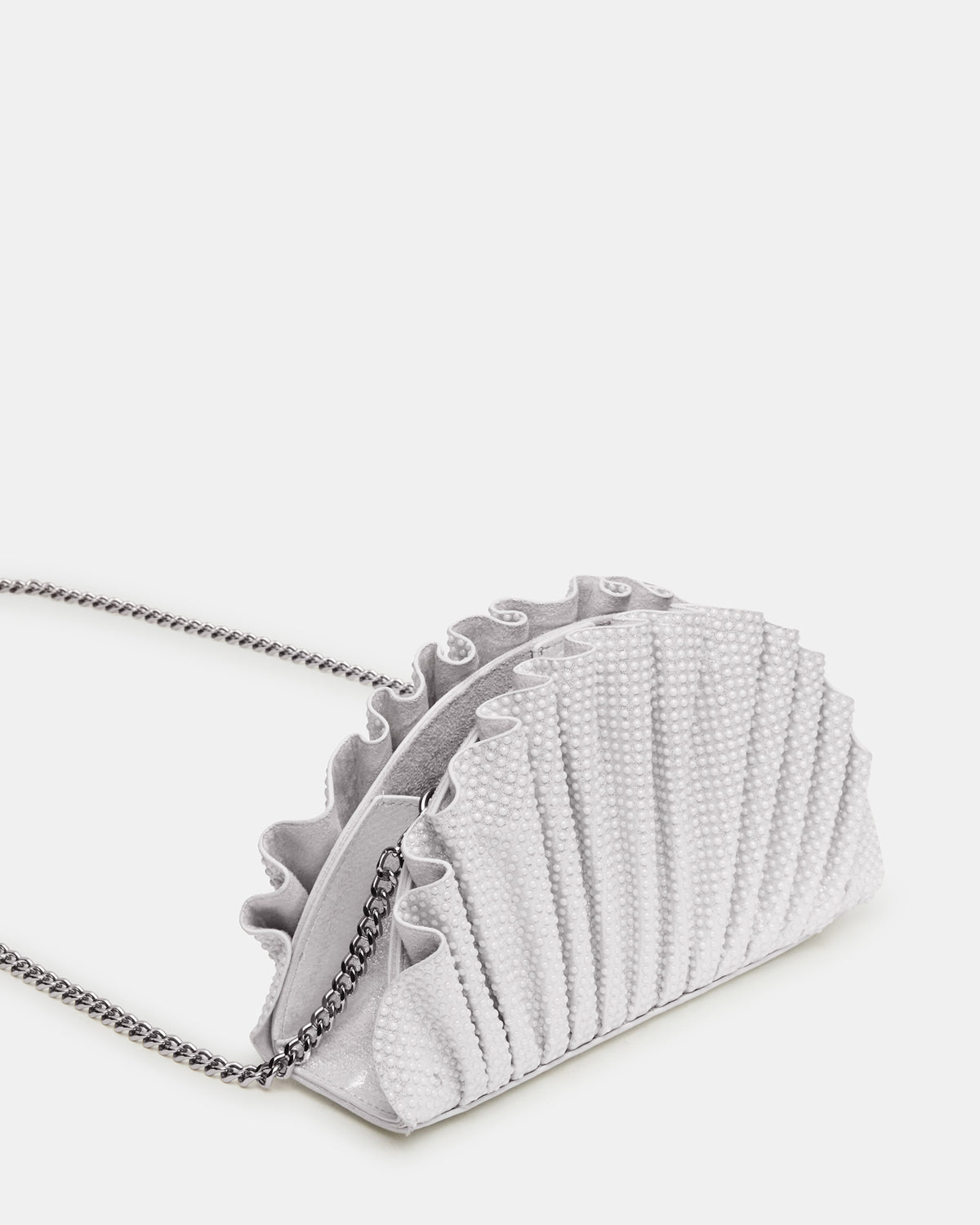 DELMAR Bag White Ruffled Pleated Semi-Circle Crossbody Clutch Handbag | Steve Madden Special Offer