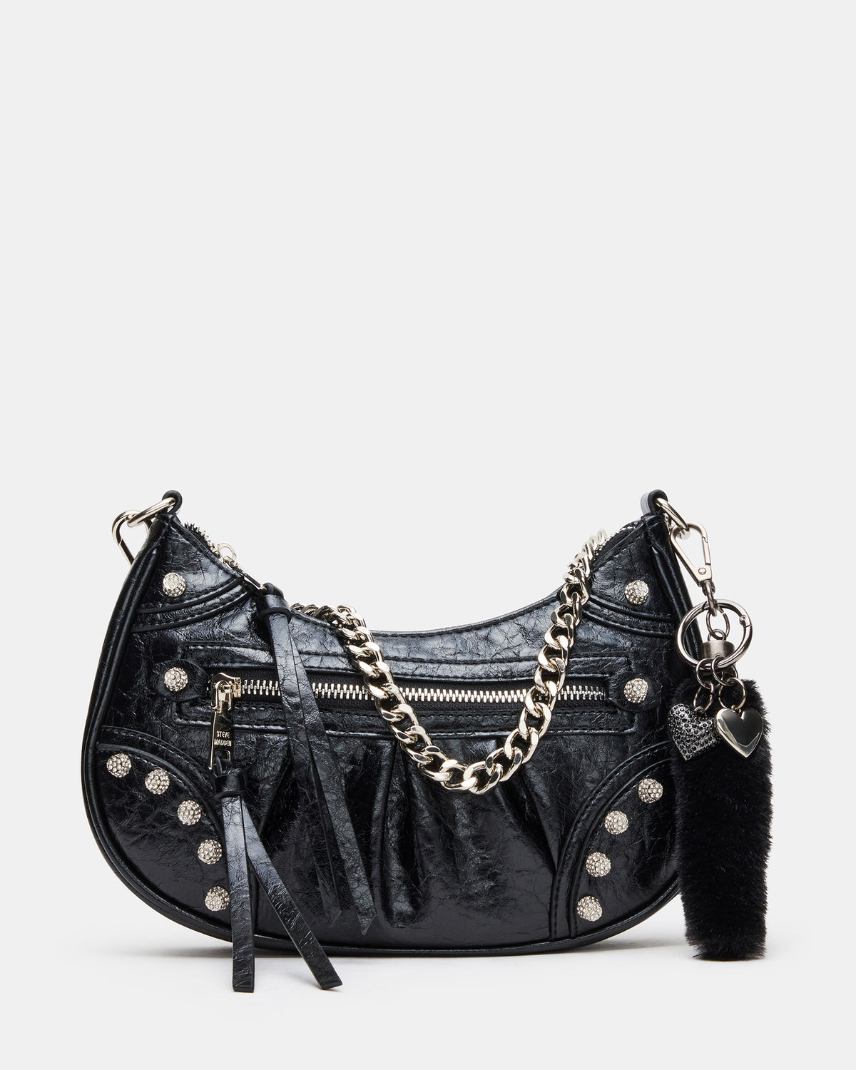 ERIKA Bag Black Rhinestone Embellished Studded Crinkle Moto Crossbody Handbag | Steve Madden Discount