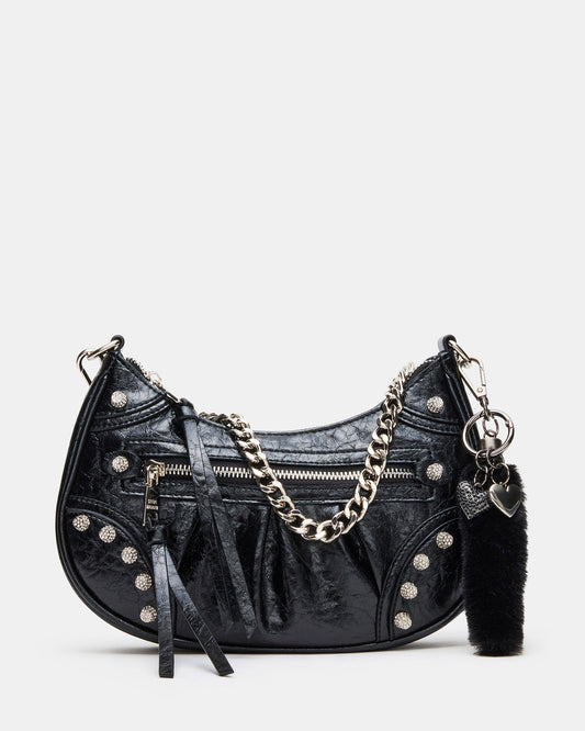 ERIKA Bag Black Rhinestone Embellished Studded Crinkle Moto Crossbody Handbag | Steve Madden Discount