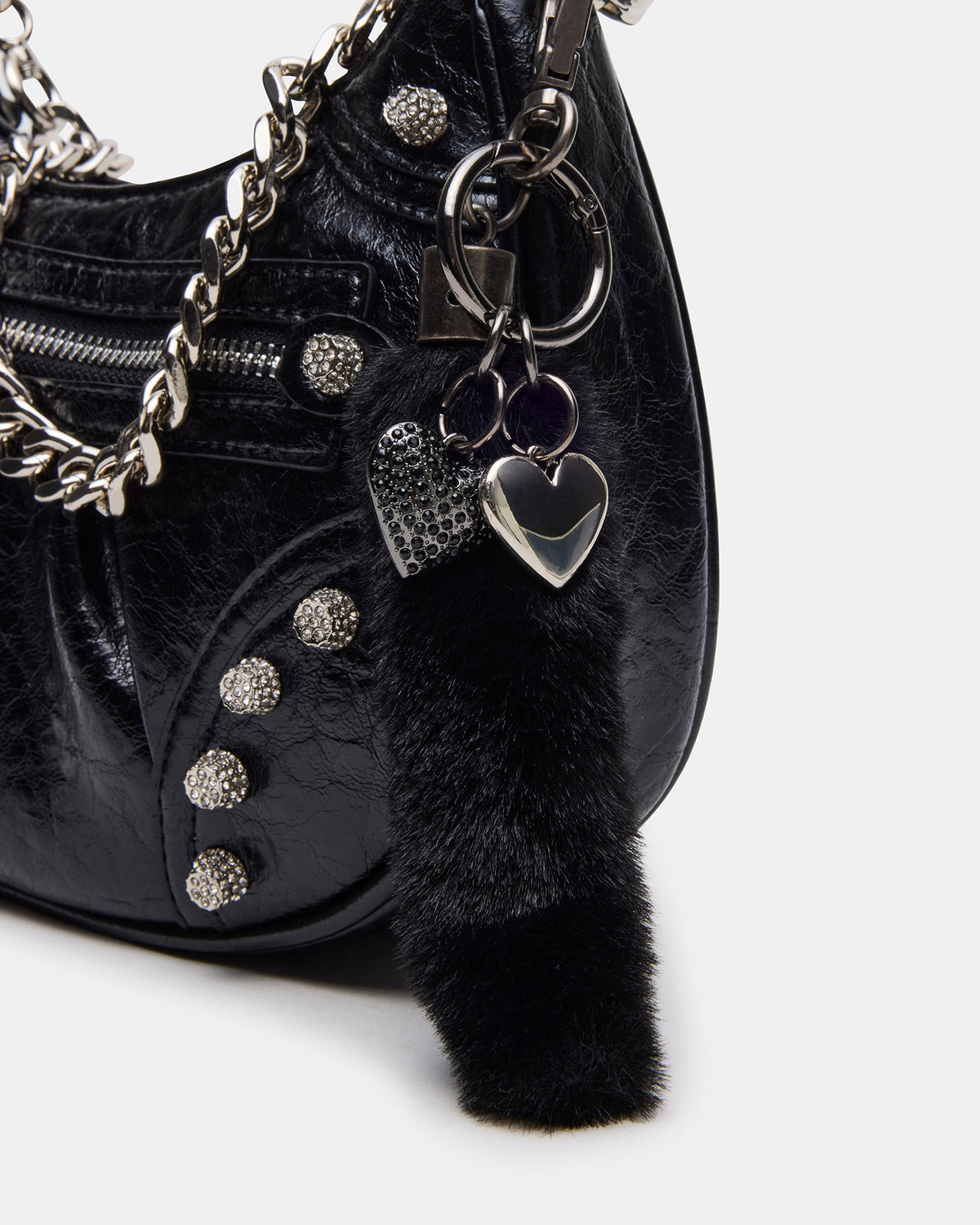 ERIKA Bag Black Rhinestone Embellished Studded Crinkle Moto Crossbody Handbag | Steve Madden Discount
