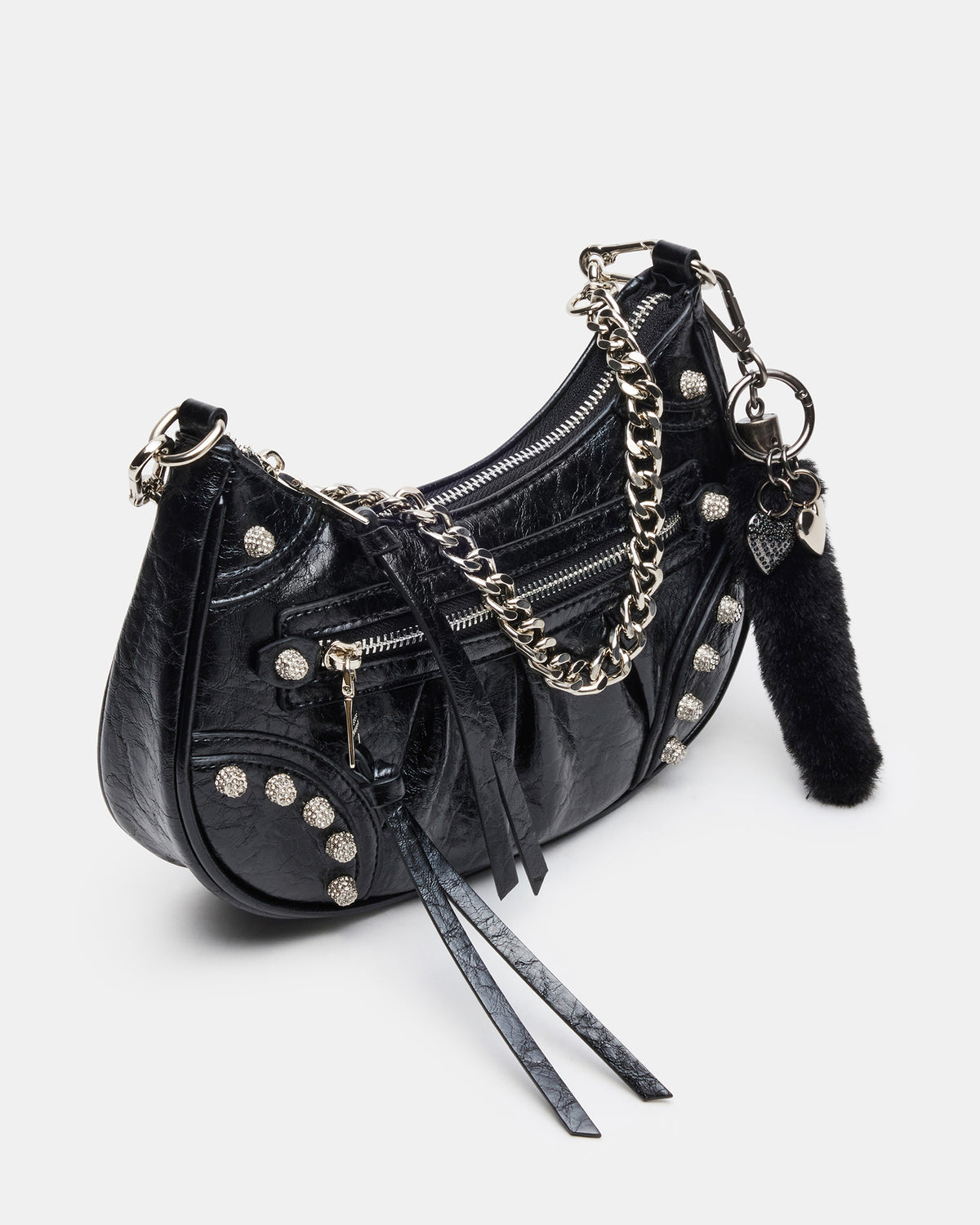 ERIKA Bag Black Rhinestone Embellished Studded Crinkle Moto Crossbody Handbag | Steve Madden Discount