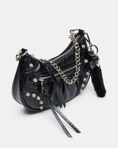 ERIKA Bag Black Rhinestone Embellished Studded Crinkle Moto Crossbody Handbag | Steve Madden Discount