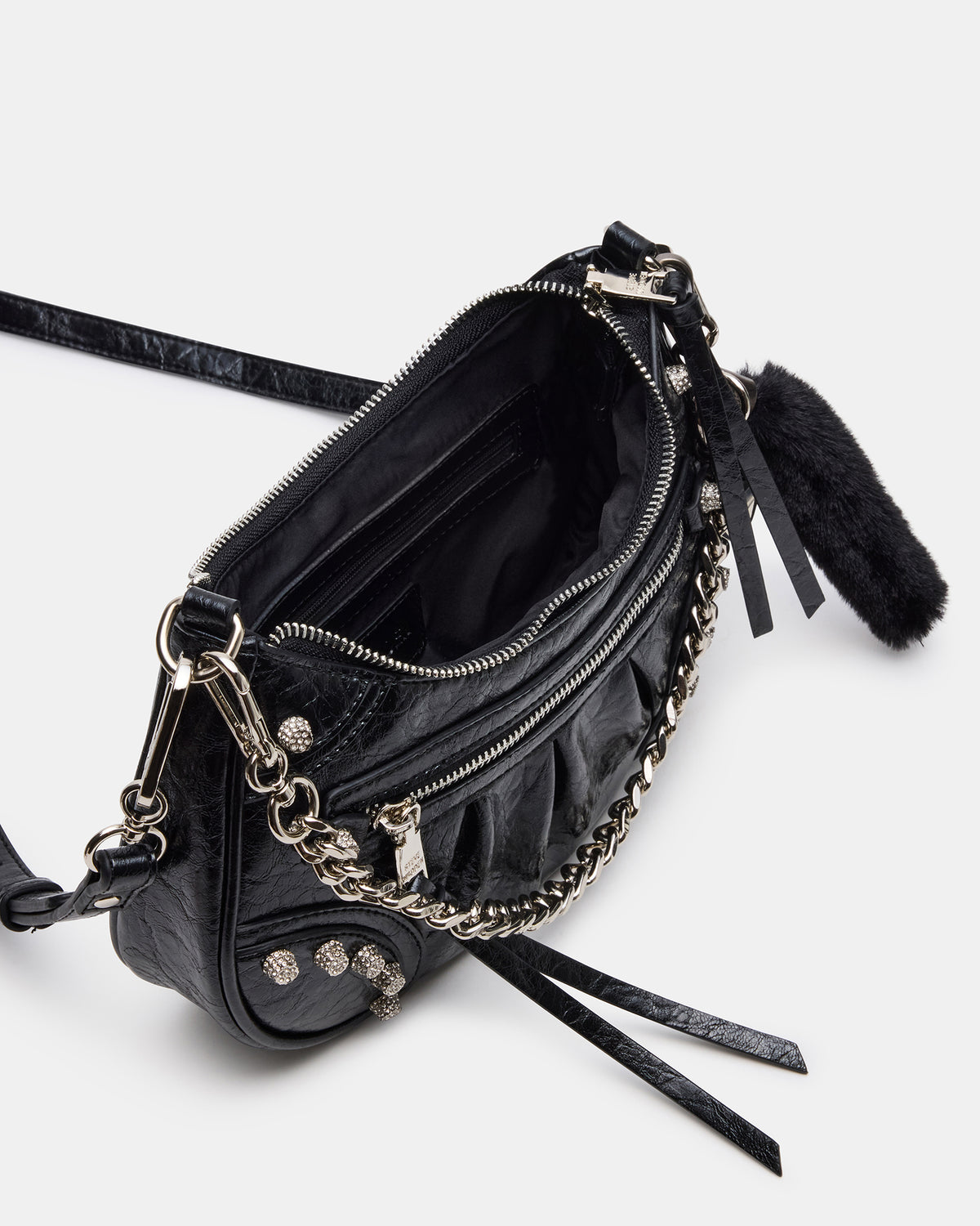 ERIKA Bag Black Rhinestone Embellished Studded Crinkle Moto Crossbody Handbag | Steve Madden Discount