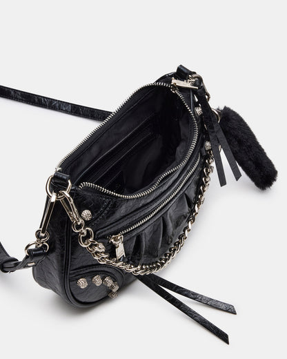 ERIKA Bag Black Rhinestone Embellished Studded Crinkle Moto Crossbody Handbag | Steve Madden Discount