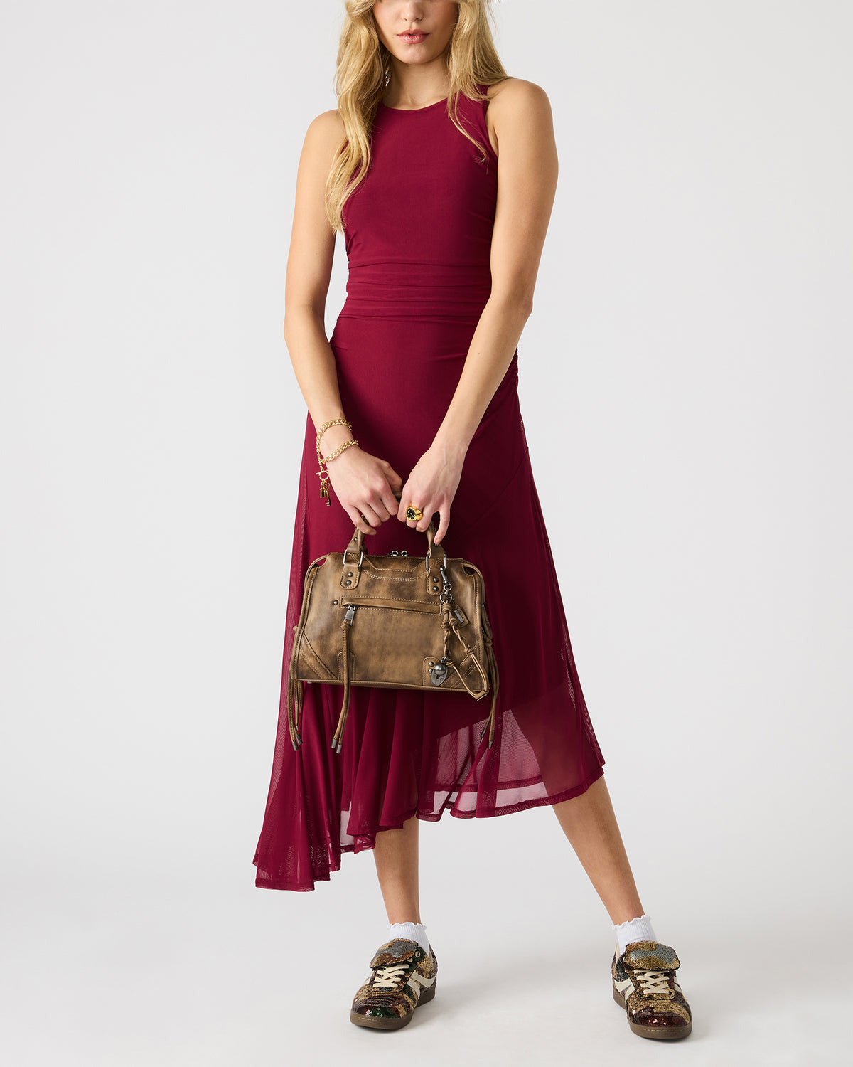 RIGGS Brown Distressed Slouchy Top-Handle Crossbody Satchel Handbag | Steve Madden Quality