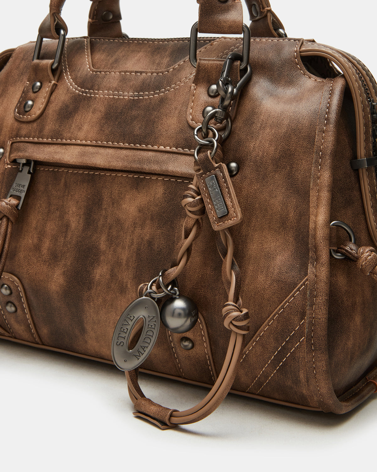 RIGGS Brown Distressed Slouchy Top-Handle Crossbody Satchel Handbag | Steve Madden Quality