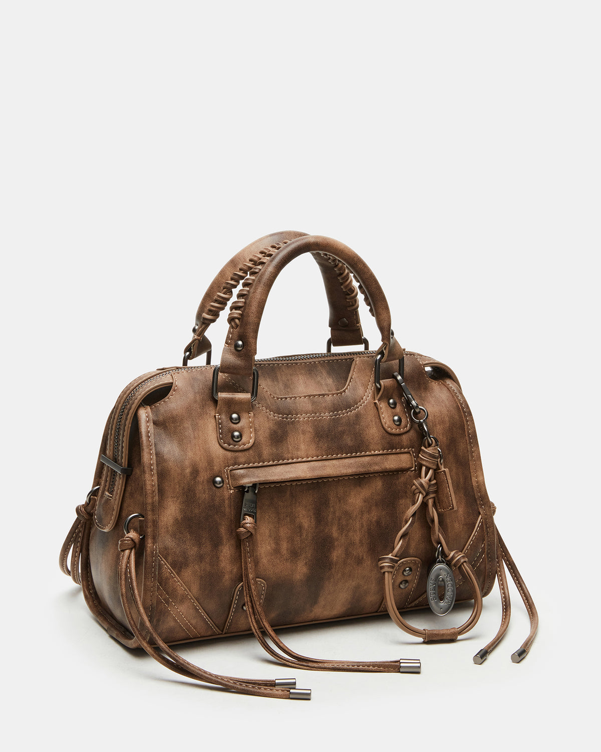 RIGGS Brown Distressed Slouchy Top-Handle Crossbody Satchel Handbag | Steve Madden Quality