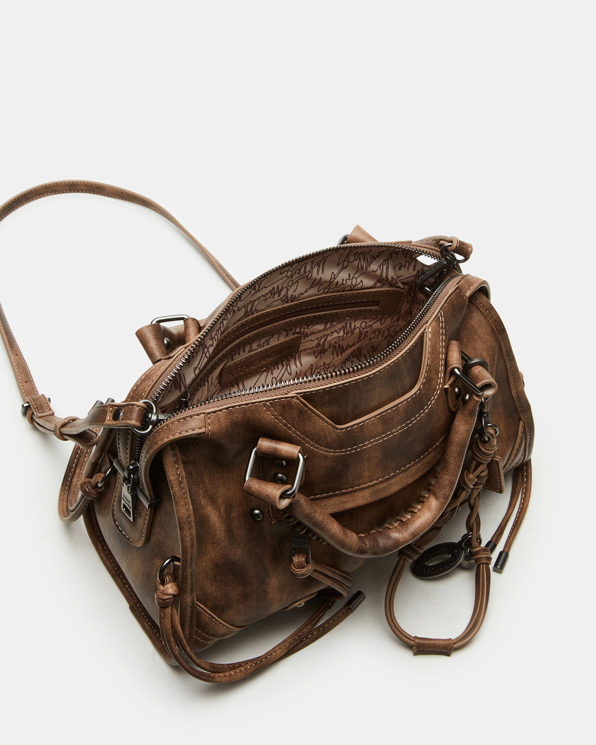 RIGGS Brown Distressed Slouchy Top-Handle Crossbody Satchel Handbag | Steve Madden Quality