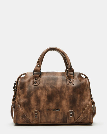 RIGGS Brown Distressed Slouchy Top-Handle Crossbody Satchel Handbag | Steve Madden Quality