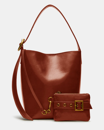 SOFIEE Bag Rust Leather Shoulder Strap Bucket Tote Handbag | Steve Madden Customer Favorite