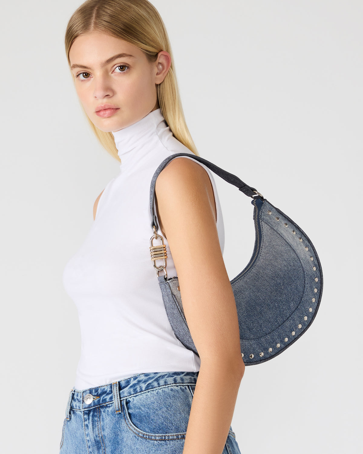 LIAMM Bag Denim Shoulder Strap Dome-Studded Women's Handbag | Steve Madden New