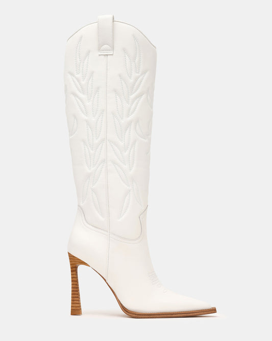 KINZEE White Leather Pointed-Toe Knee-High Western Stiletto Women's Boot | Steve Madden Best Seller