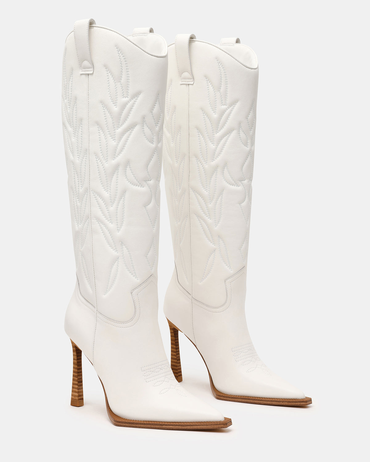 KINZEE White Leather Pointed-Toe Knee-High Western Stiletto Women's Boot | Steve Madden Best Seller