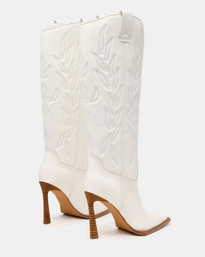 KINZEE White Leather Pointed-Toe Knee-High Western Stiletto Women's Boot | Steve Madden Best Seller