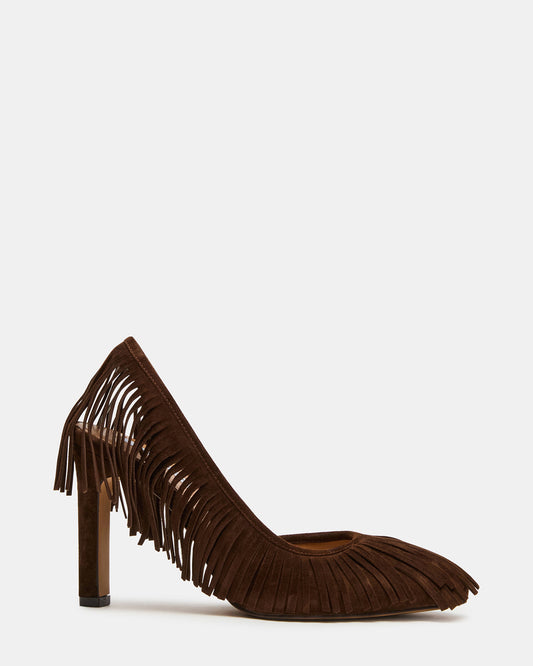 GREER Brown Suede Fringe Slingback Round-Toe Women's Heel | Steve Madden Trending