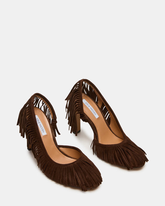 GREER Brown Suede Fringe Slingback Round-Toe Women's Heel | Steve Madden Trending