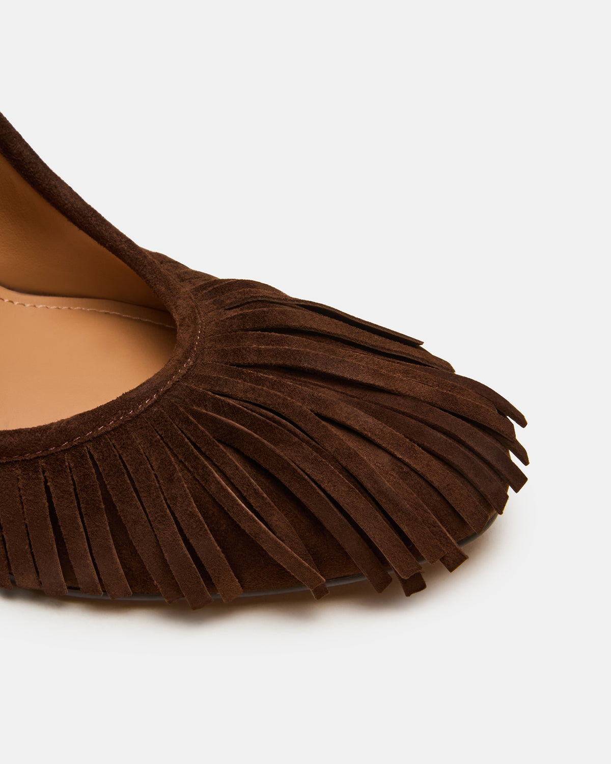 GREER Brown Suede Fringe Slingback Round-Toe Women's Heel | Steve Madden Trending
