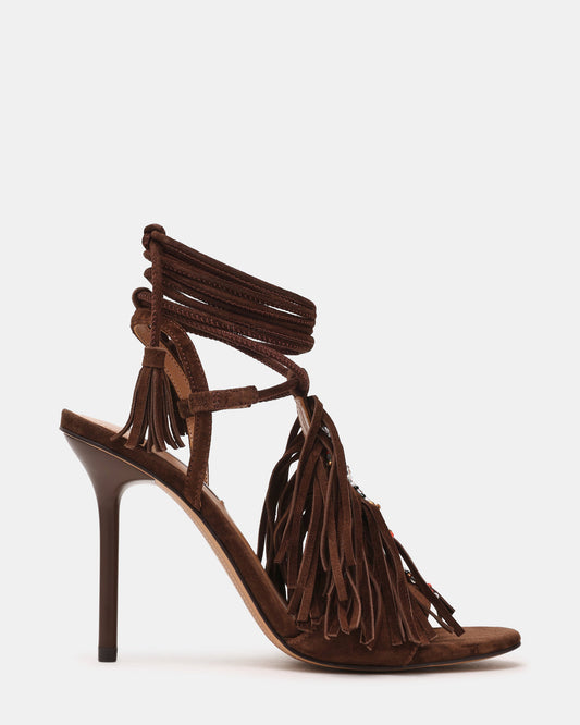 TALIA Brown Suede Fringe Beaded Stiletto Strappy Leg-Ties Women's Heel | Steve Madden Deals