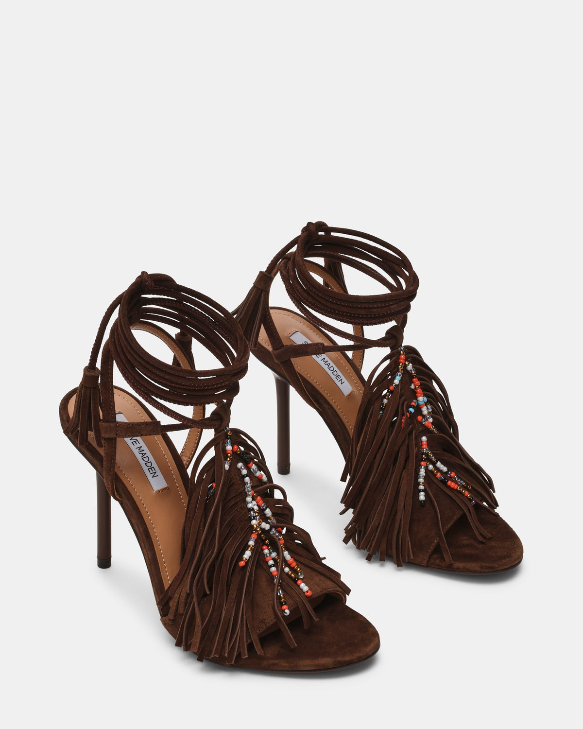 TALIA Brown Suede Fringe Beaded Stiletto Strappy Leg-Ties Women's Heel | Steve Madden Deals