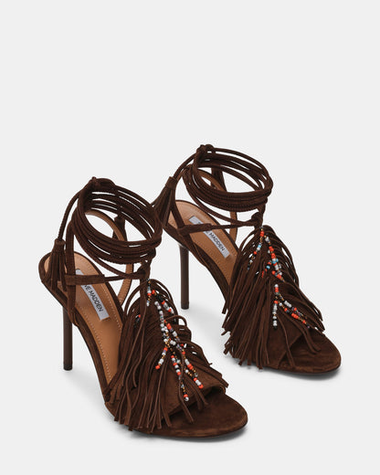 TALIA Brown Suede Fringe Beaded Stiletto Strappy Leg-Ties Women's Heel | Steve Madden Deals