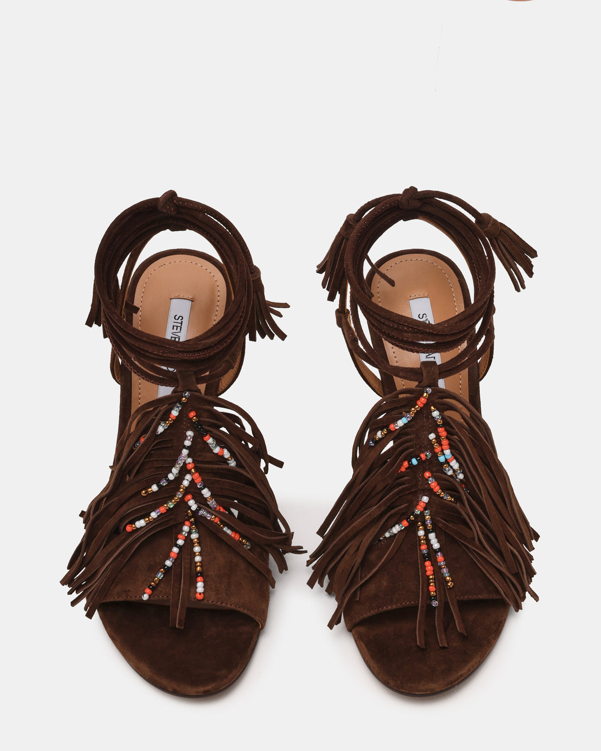 TALIA Brown Suede Fringe Beaded Stiletto Strappy Leg-Ties Women's Heel | Steve Madden Deals