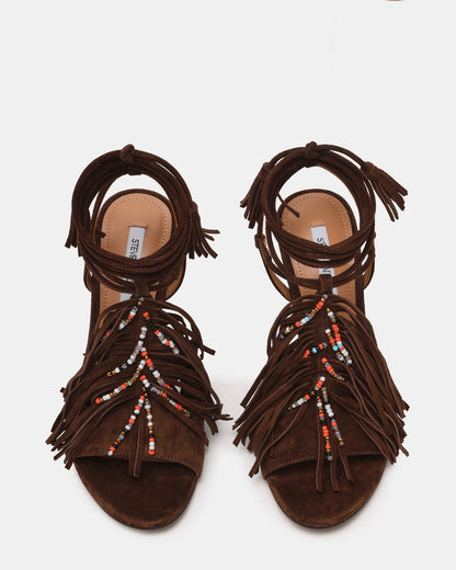 TALIA Brown Suede Fringe Beaded Stiletto Strappy Leg-Ties Women's Heel | Steve Madden Deals