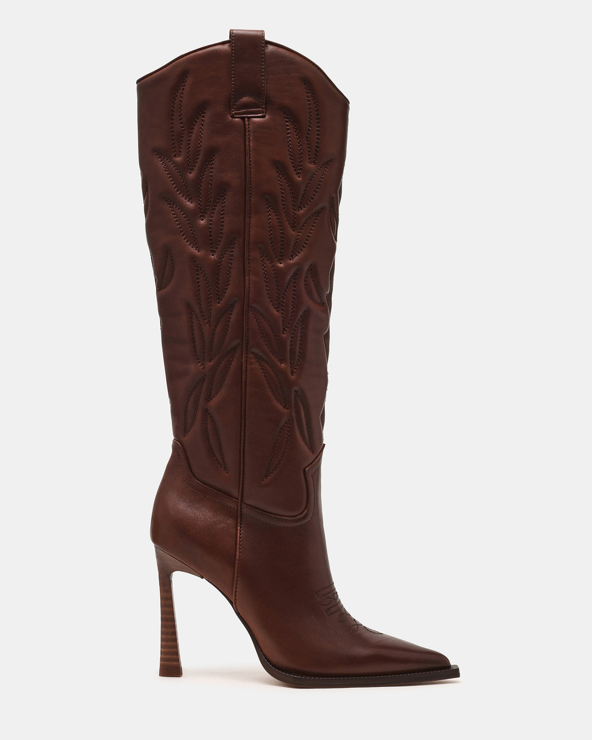 KINZEE Brown Leather Pointed-Toe Knee-High Western Stiletto Women's Boot | Steve Madden Trusted