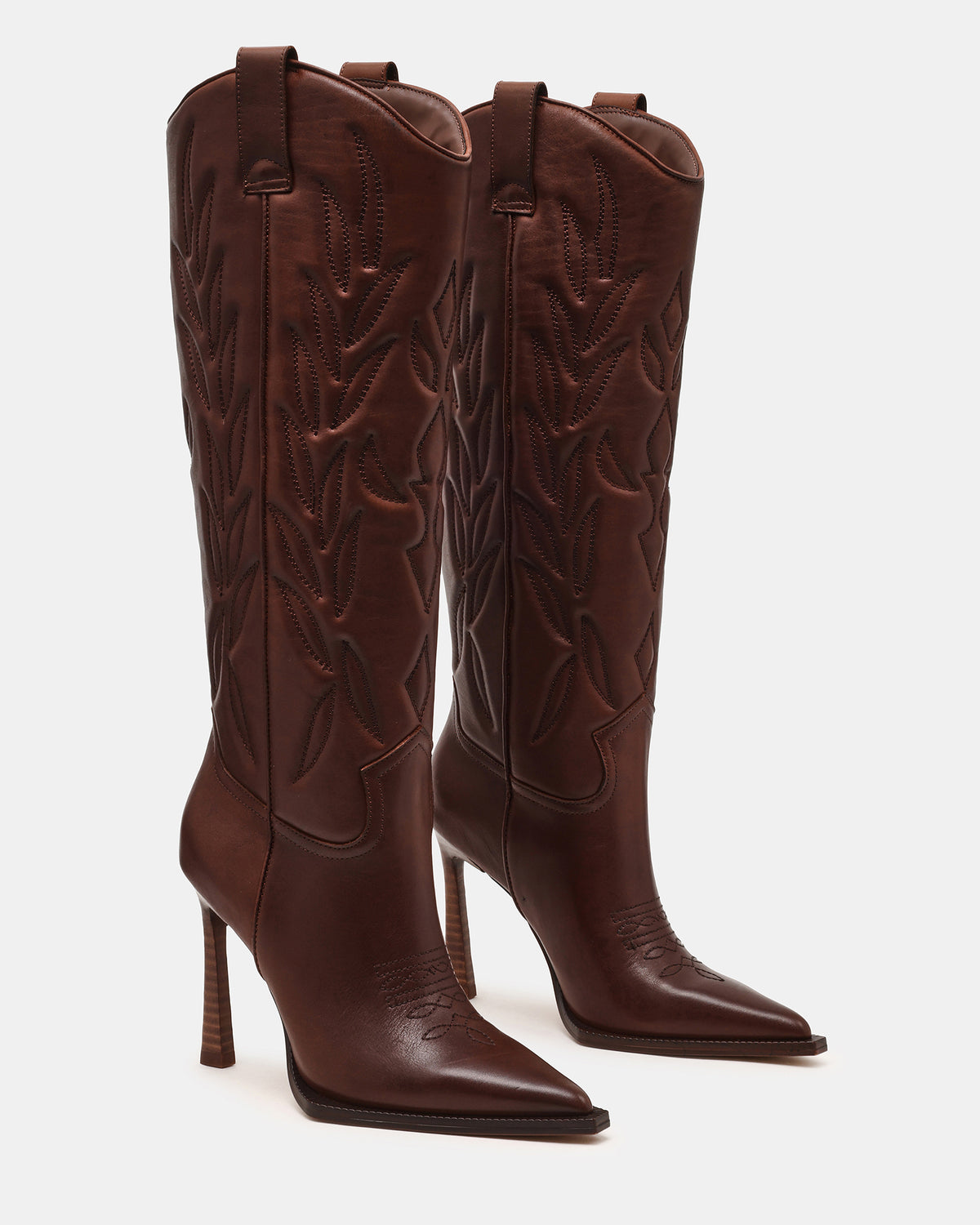 KINZEE Brown Leather Pointed-Toe Knee-High Western Stiletto Women's Boot | Steve Madden Trusted