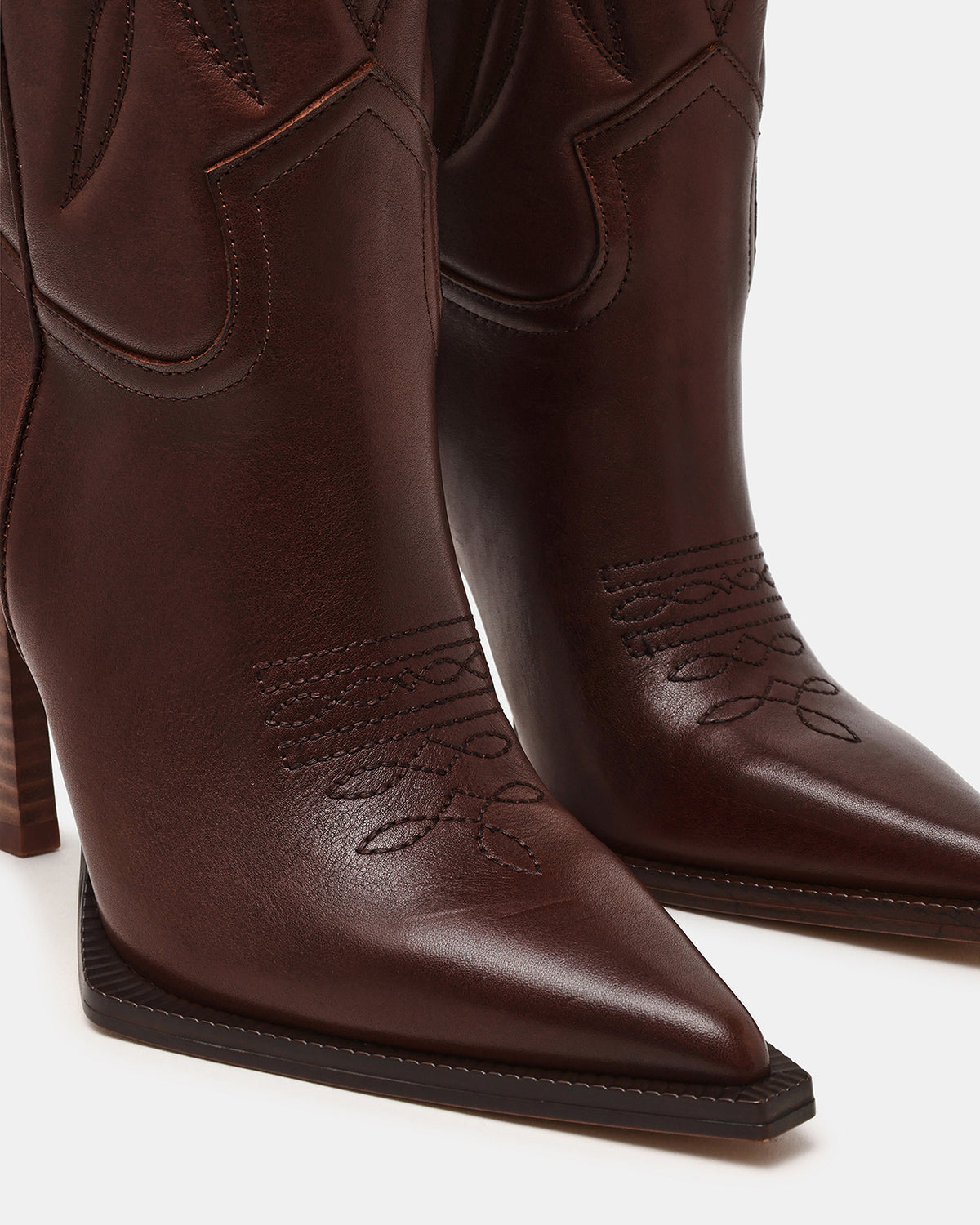 KINZEE Brown Leather Pointed-Toe Knee-High Western Stiletto Women's Boot | Steve Madden Trusted