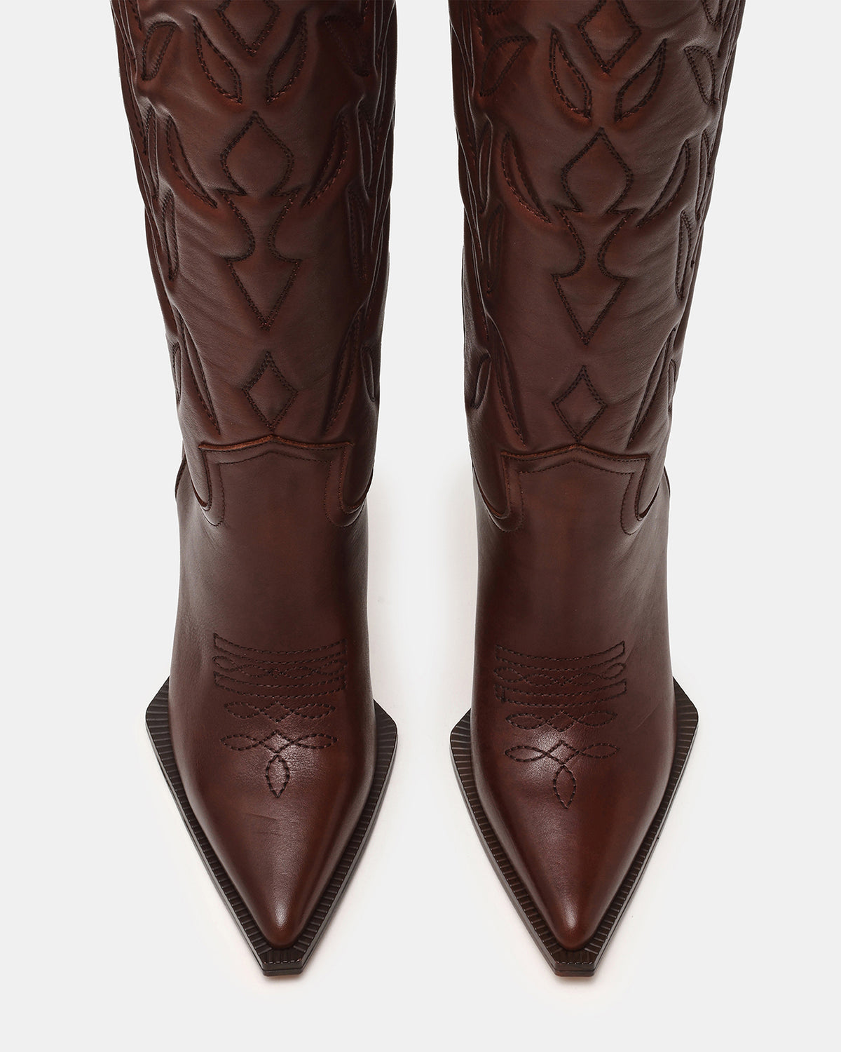 KINZEE Brown Leather Pointed-Toe Knee-High Western Stiletto Women's Boot | Steve Madden Trusted