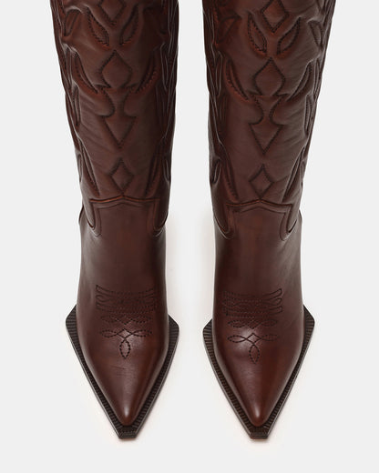 KINZEE Brown Leather Pointed-Toe Knee-High Western Stiletto Women's Boot | Steve Madden Trusted