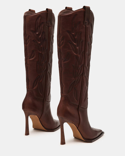 KINZEE Brown Leather Pointed-Toe Knee-High Western Stiletto Women's Boot | Steve Madden Trusted