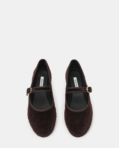 VELMA Brown Velvet Mary Jane Gold-Detail Buckle Women's Flat | Steve Madden Essential