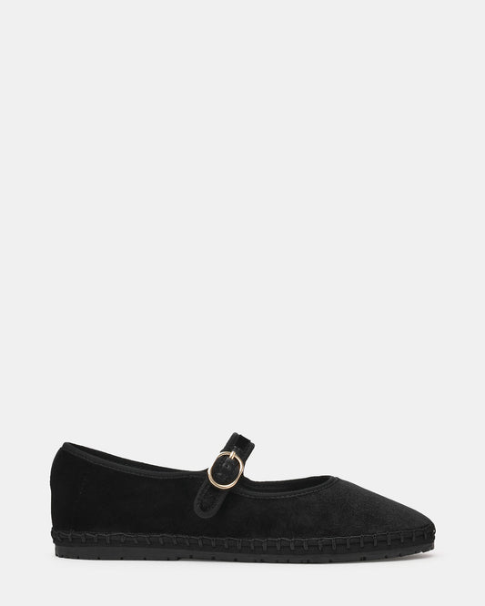 VELMA Black Velvet Mary Jane Gold-Detail Buckle Women's Flat | Steve Madden Top Pick
