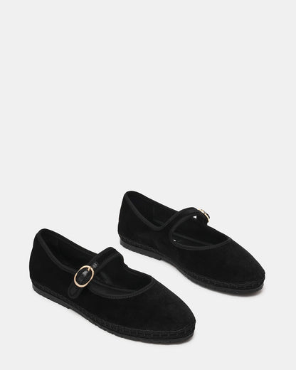 VELMA Black Velvet Mary Jane Gold-Detail Buckle Women's Flat | Steve Madden Top Pick