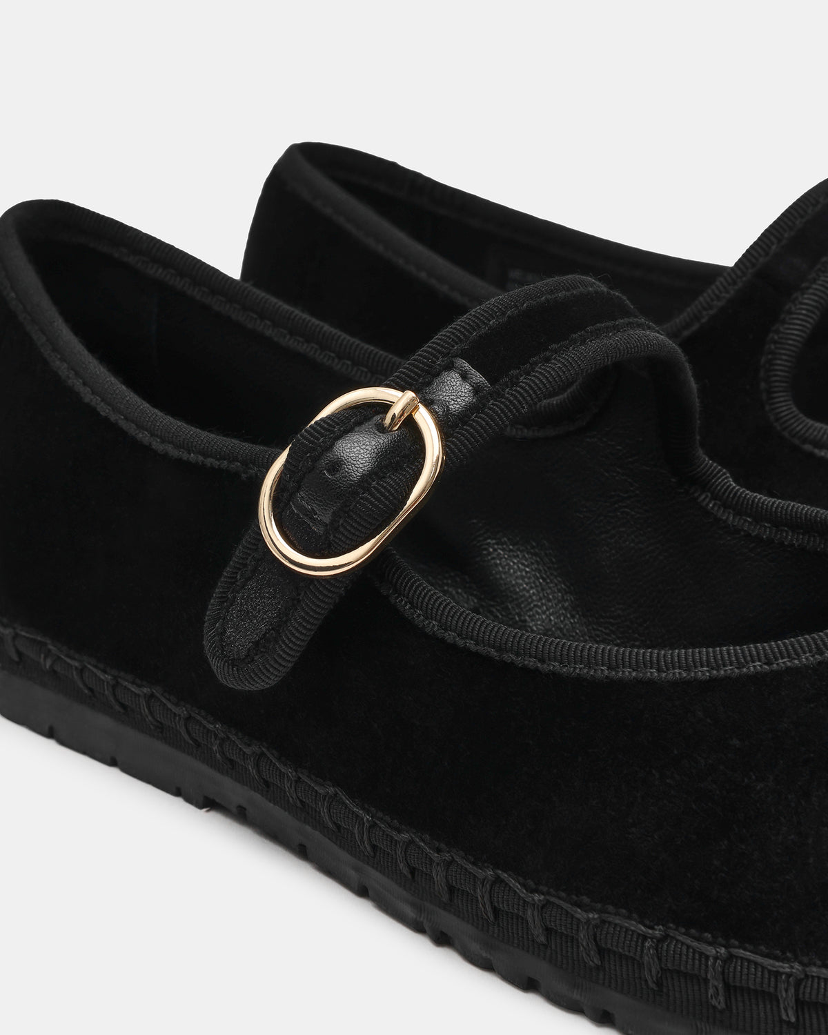 VELMA Black Velvet Mary Jane Gold-Detail Buckle Women's Flat | Steve Madden Top Pick