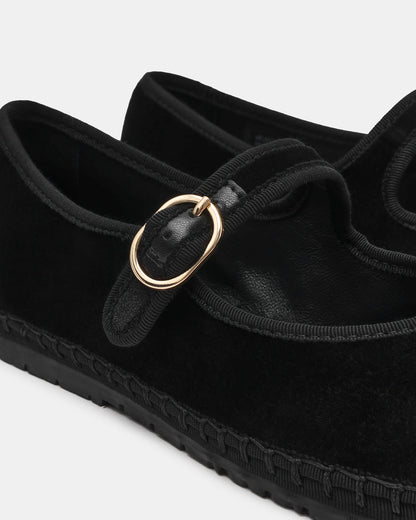 VELMA Black Velvet Mary Jane Gold-Detail Buckle Women's Flat | Steve Madden Top Pick