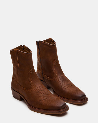 SANDERSON Dark Tan Square-Toe Western Men's Ankle Boot | Steve Madden Sale