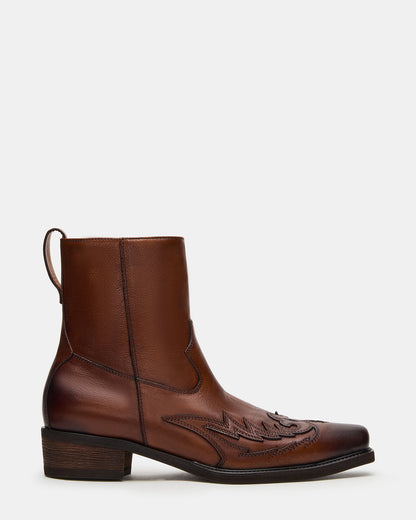 SANTANA Brown Leather Western Men's Ankle Boot | Steve Madden Signature